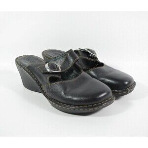 Born W31340 Bridget Black Leather Slip On Mary Jane Wedge Clogs Sz 10 / 42